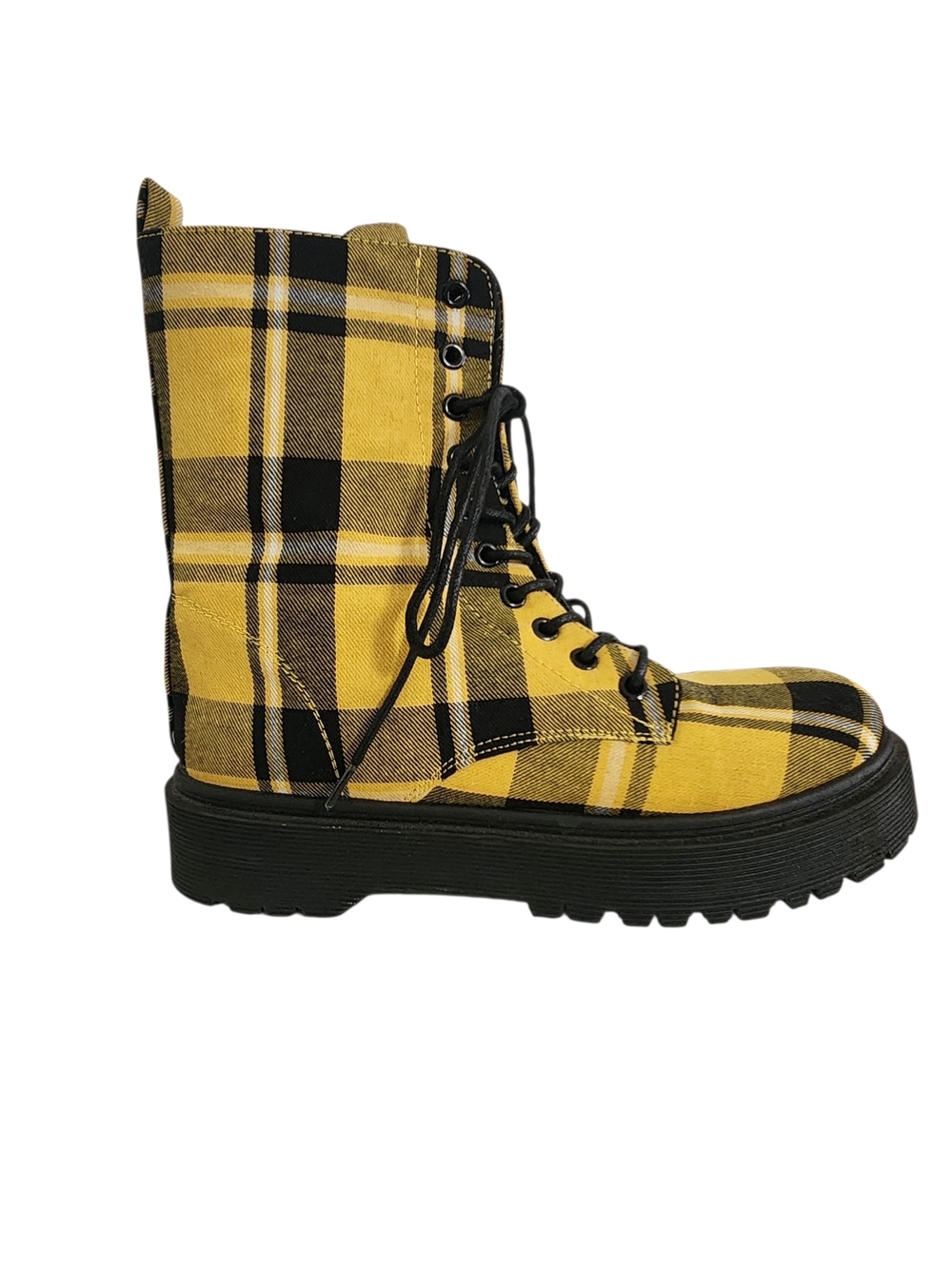 Wild Diva Yellow and Black Plaid Platform Combat Boots Size 9
